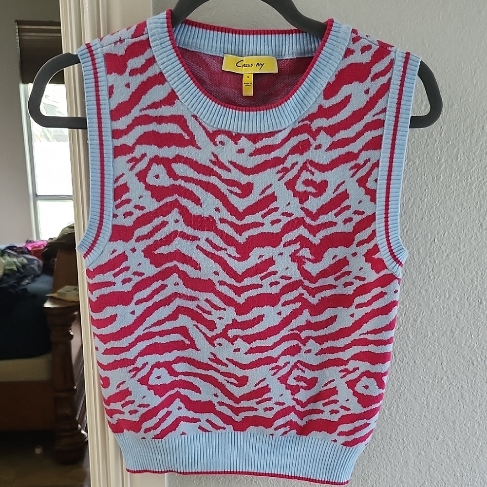 Pink and Blue Zebra Print Knit Tank Top
